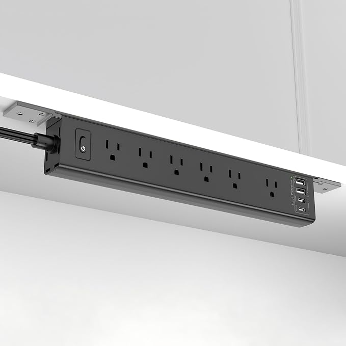 Mountable Power Strip, Wall Mount Surge Protector Power Strip with USB Ports, 6ft Flat Plug Extension Cord with Multiple Outlets for Under Desk/TV Behind