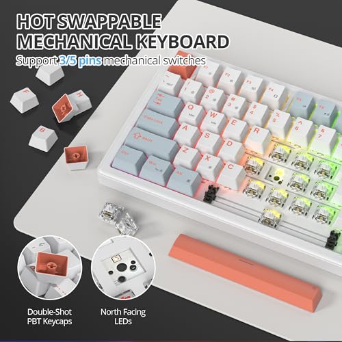 75% White Blue Creamy Mechanical Keyboard Wired, Creamy Sound Gasket Gaming Thocky Keyboard with Knob, Hot Swappable RGB Custom Keyboard, Pre-lubed Cream Switch Keyboard (82 Light Blue)