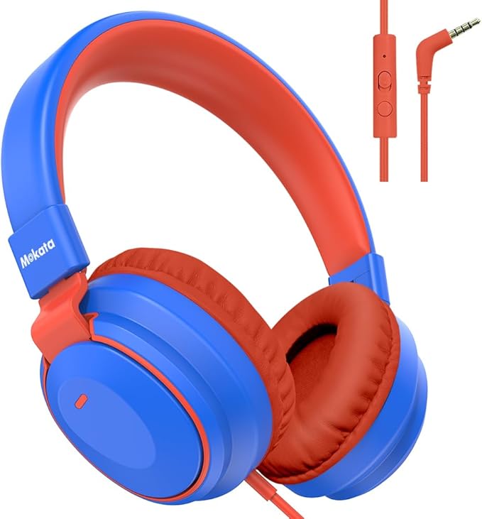 Headphone Kids Volume Limited 85/94dB Wired Over-Ear/On-Earr Foldable Headset with Inline Cable Aux 3.5mm Cord Mic for Toddler Boy Girl Child Back to School Study Pad Tablet Blue