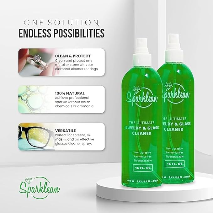 SPARKLEAN Jewelry & Glass Cleaner Spray (8 Oz) - Biodegradable, Ammonia-Free Solution for Gold, Silver & Diamond Rings - Safe for All Metals & Gemstones - Eco-Friendly - Everyday Size