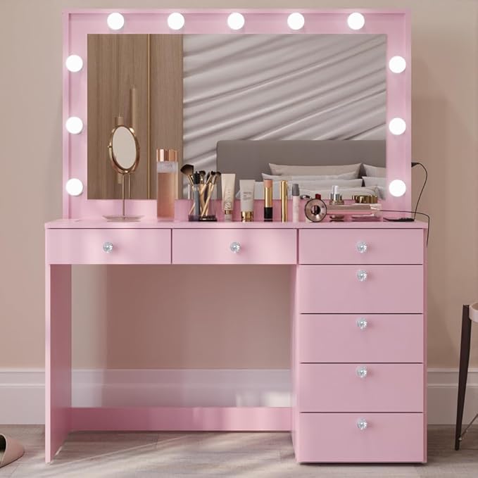 Boahaus Serena Modern Pink Makeup Vanity Desk with Mirror Lights, Power Outlet with USB Ports, Glass Top, Jewelry Divider, 7 Drawers, and Crystal Knobs for Bedroom