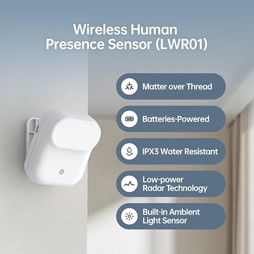 Wireless Human Presence Sensor LWR01, mmWave Radar, Occupancy & Motion Sensor, Battery-Powered, IPX3 Water Resistant, Matter Over Thread, Requires Thread-Compatible Smart Home Hub/Router
