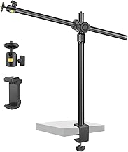 Camera Desk Mount Webcam Stand with Overhead Articulating Magic Boom Arm 1/4" Ball Head for DSLR Tripod, Adjustable Light Stand, Tabletop C Clamp for Ring Light Photo Video Shooting Live Streaming - Image 1