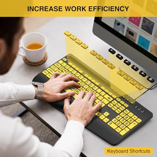 SABLUTE Large Print Keyboard Wired Computer Keyboards with Wrist Rest, Phone Holder, Big Letters Easy to Read Compatible Windows, Desktop, Laptop, Yellow