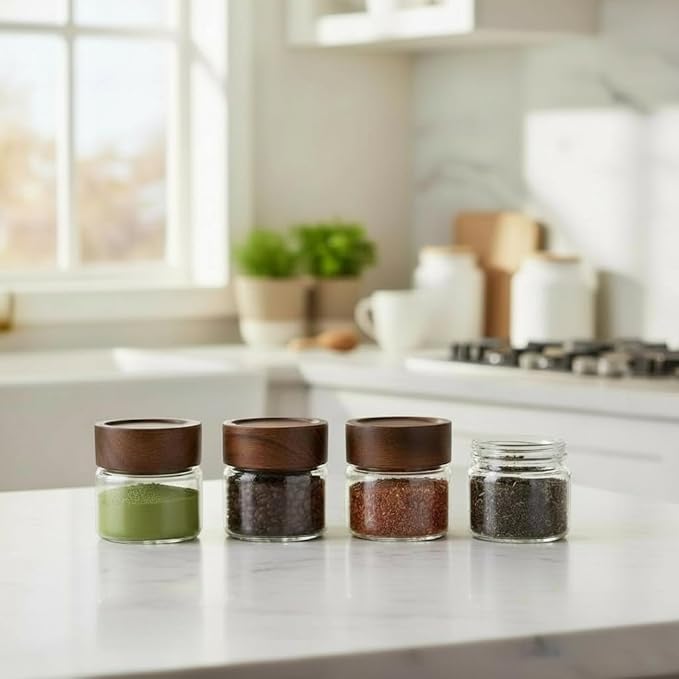 Wide Mouth Glass Storage Jars With 2.5" Acacia Wood Lids - 4 Pack of 4 Oz Food Storage Containers - Borosilicate Glass Canisters Sets For Kitchen - Pantry Organizers and Storage for Rice Coffee Beans