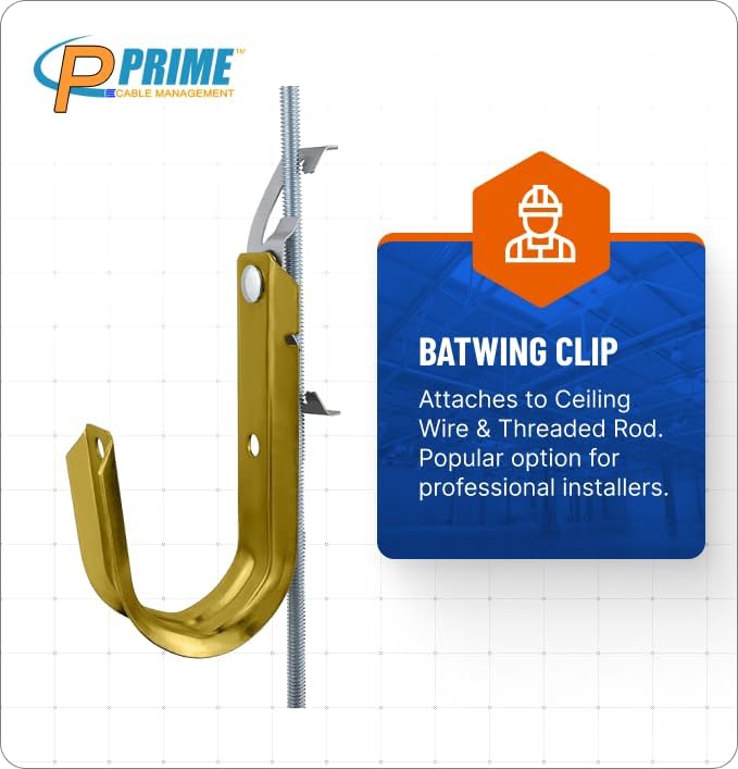 Prime Heavy Duty Metal Cable Support Batwing J-Hook Hangers with Bat Wing Clip for Ceiling Wire & Threaded Rod for Cable Management