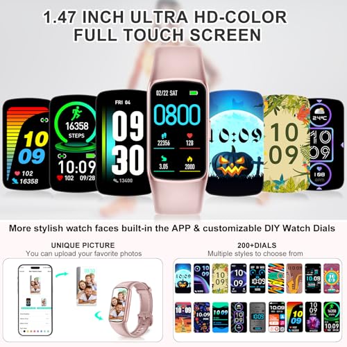 Fitness Tracker with 24/7 Heart Rate Blood Oxygen Sleep Monitor, 123 Sports Modes Step Counter, 1.47'' HD Screen Activity Trackers, Calorie Smart Watches Pedometer for Women Men