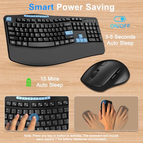 Wireless Keyboard and Mouse Combo, 2.4G Ergonomic Wave Keys(Blue Black) - Image 6