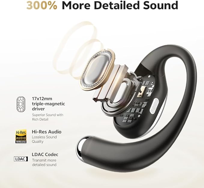 QCY Crossky R70 Open Ear Headphones Wireless with 52H Playtime, Hi-Res Audio & LDAC, Deep Bass, Bluetooth 6.0 Earhook Earbuds, Wireless Charging, Multipoint Connection for Gym/Workout