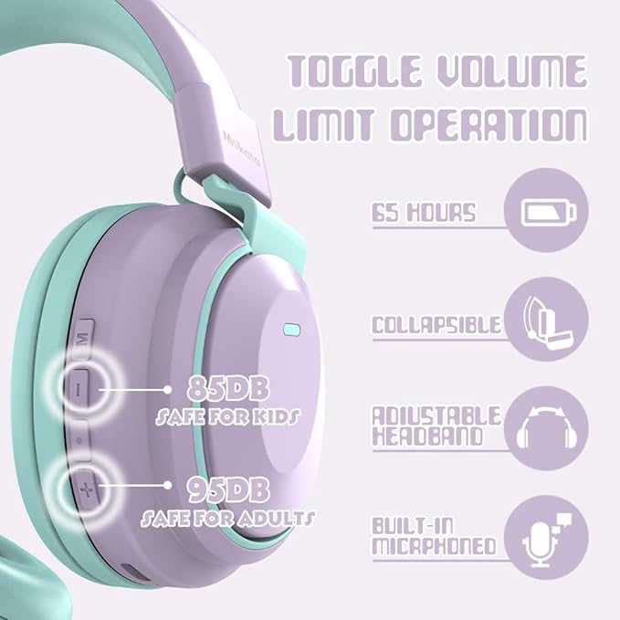 Kids Headphones Bluetooth 5.3 Wireless Lightweight Fast Charging 68 Hours Play Time Volume Limited 85/94dB Over Ear Foldable with Built-in Mic for Toddler Tablet Pad Light Purple