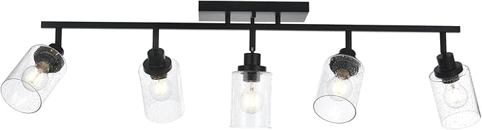 5-Light Black Track Lighting Kit Ceiling Mount Kitchen Track Lighting Fixtures, Bathroom Ceiling Tracking Vanity Light with Bubble Seeded Glass Shade & Rotatable Tracking Heads for Accent Shop