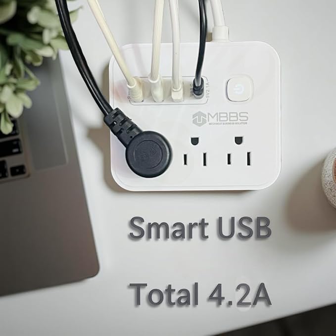 7 ft Surge Protector Power Strip with USB C, 1200J Protection, Heavy Duty Extension Cord – (7-in-1) 3 AC Outlets, 4 USB Ports, LED On/Off Switch – Compact & Travel Friendly – Home, Office (White)