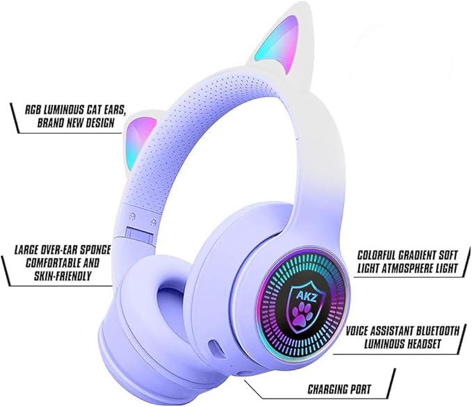 Cat Ear Gaming Bluetooth 5.3 Wireless Foldable Headphones with LED Light, Game Surround Sound Over-Ear Headsets with Microphone AUX for PC, Pad, Mobile, Laptop, Kids, Gift