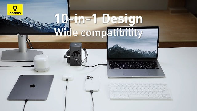 Baseus Charging Station 67W, 10-in-1 USB-C PD Fast Charging Desktop Charger with 1200J Surge Protection, 5ft Extension Cord, 6 AC, 3 USBC, 1 USBA Ports for iPhone 16/15, MacBook, Tablet, Desktop