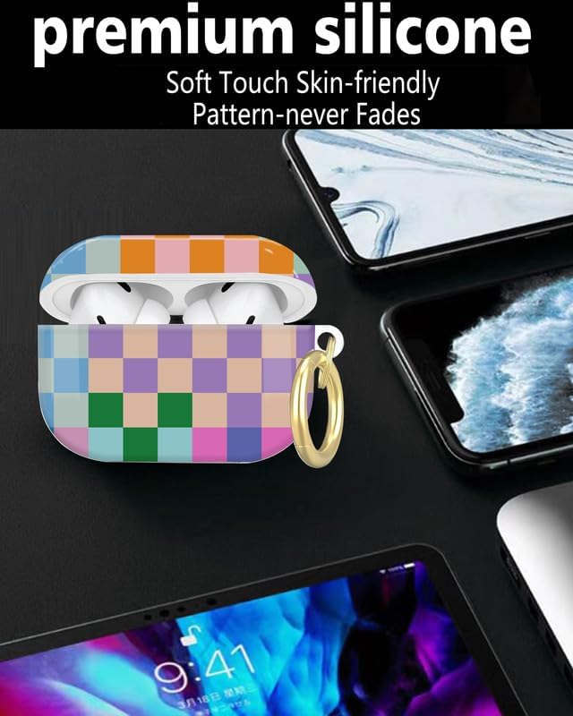 Compatible with AirPod Pro 2nd/1st Generation Case Cover with Key Chain,Full Protective Shockproof Wireless Headphone Case for Airpod Pro 2023/2022/2019(Colorful Checkered)