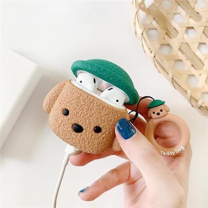 Case Compatible with AirPods 4, Cute Creative Pet Hat Teddy Dog Earphone Case, Puppy Style Soft Silicone Earphone Protection Skin for AirPods4 +Finger Lanyard -Brown