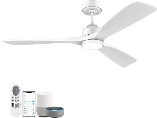52 Inch Wood Smart Ceiling Fans with Lights Remote,Voice Control via WIFI Alexa App,Quiet DC Motor,Outdoor Indoor Ceiling Fan,Dimmable,Modern White Lighting & Ceiling Fan for Bedroom Patio Porch