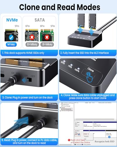 Dual Bay NVMe SSD Cloner & Duplicator - 20Gbps USB 3.2 Gen 2x2 M.2 Enclosure Dock, Tool-Free Offline Clone Reader/Adapter for PCIe NVMe SSDs (M-Key/B+M Key) Supports 2230 2242 2260 2280 22110