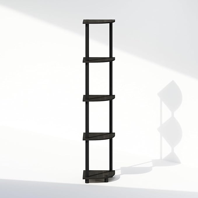 Furinno Turn-N-Tube Corner Shelf, 5-Tier Corner Bookshelf, Open Storage Shelves, for Organization and Storage, Living Room, Home Office, Garage, Bedroom, Espresso