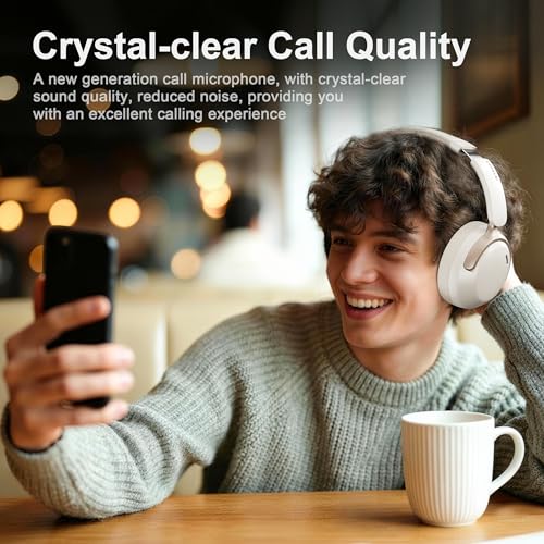 LORELEI Q30 Bluetooth Headphones Over Ear,60H Playtime & 3 EQ Music Modes,BT6.0 Headphones Wireless with Mic,Foldable Lightweight Headsets,HiFi Stereo Deep Bass for Home Travel iPad Tablet-Beige White