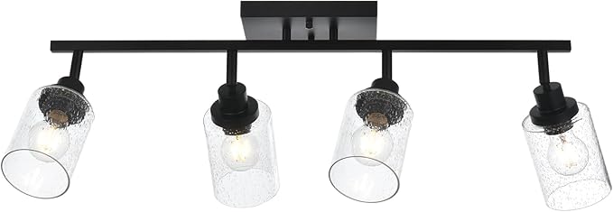 4-Light Black Track Lighting Kit Ceiling Mount Kitchen Track Lighting Fixtures, Bathroom Ceiling Tracking Vanity Light with Bubble Seeded Glass Shade & Rotatable Tracking Heads for Accent Shop