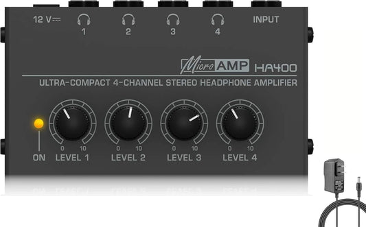 Headphone Amplifier, HA400 4-Channel Metal Stereo Audio Amplifier, Mini Earphone Splitter with DC 12V Power Adapter, HA400d1 for Sound Mixer PC Guitar Studio Stage