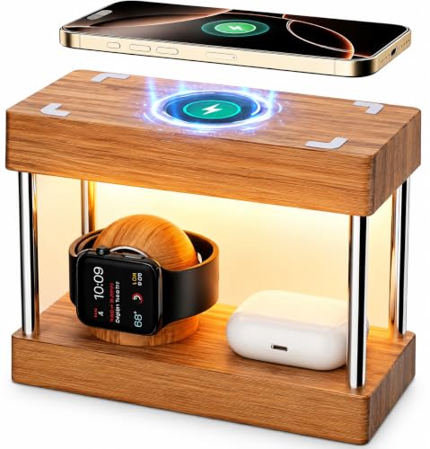 Nightstand Charging Station, 4 in 1 Bamboo Wireless Charging Station for Multiple Devices, Bedside Lamp Charger for iPhone/AirPods/iWatch, Birthday Gifts