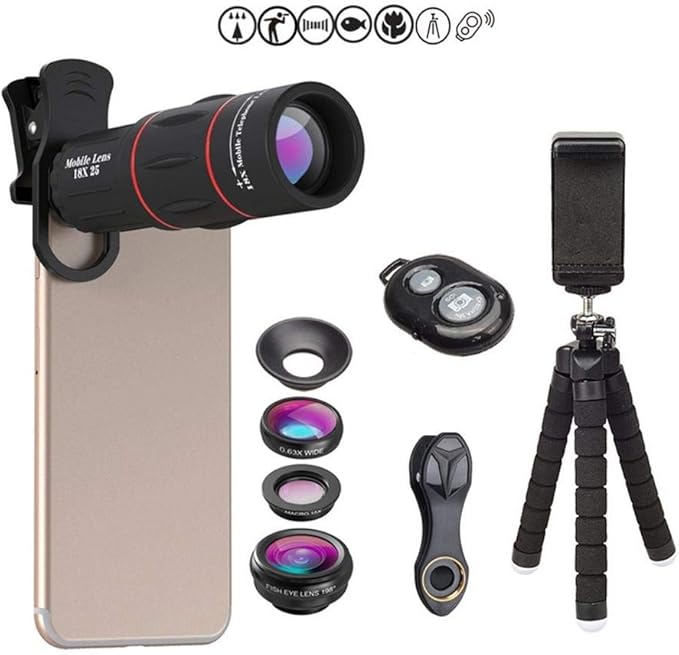 Phone Camera Lens Kit,4 in 1 Cell Phone Camera Lenses Kit - 18X Telescopic Lens + 198° Fisheye Lens + 0.36 Super Wide Angle Lens 15X Macro Lens
