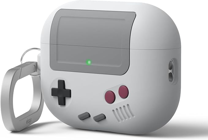 elago AW5 Compatible with AirPods Pro 3 Case Cover - Classic Retro Handheld Game Console Design Case, Carabiner Included [Light Grey]