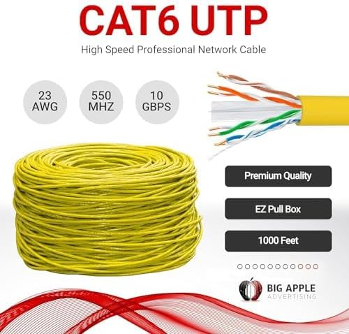 Big-A - Bulk Cat6 Cable 1000ft 23AWG Solid 4 Pair, Cat 6 Ethernet Cable Unshielded Twisted Pair (UTP), (CMR) 550MHz Internet Cable, Pull Box - Yellow