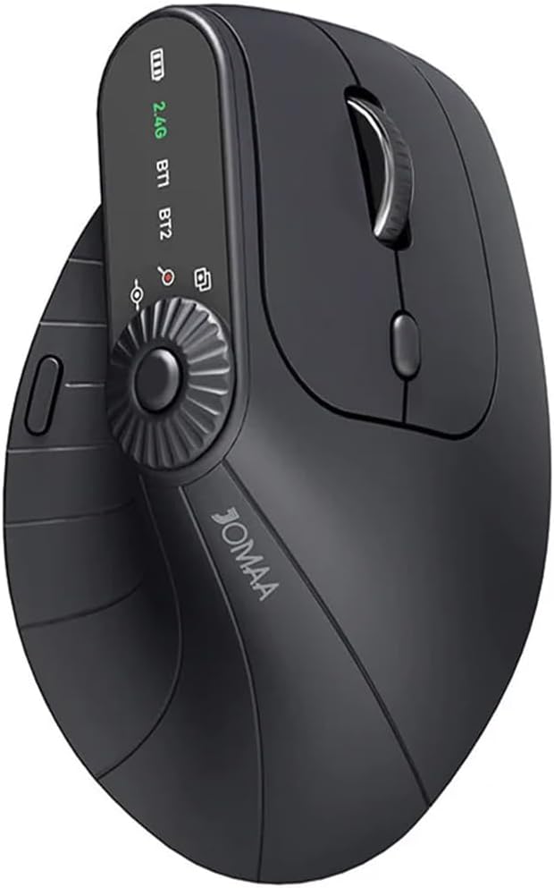 JOMAA Wireless 2.4G & Dual Bluetooth Three-Channel Ergonomic Vertical Mouse Adjustable DPI, Multi-Function Turntable for PC, Laptop, MacBook, Rechargeable (Black)