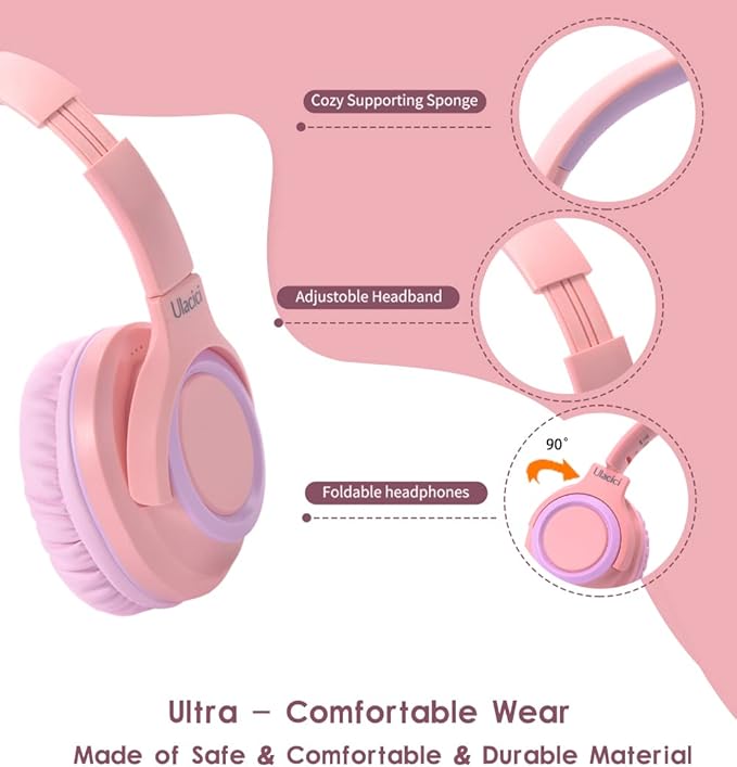 U20 Pink Kids Headphones, Wired Children Headphones with 94dB Safe Volume Control, Foldable Design, Comfortable for Online Learning/School/Travel/Tablet