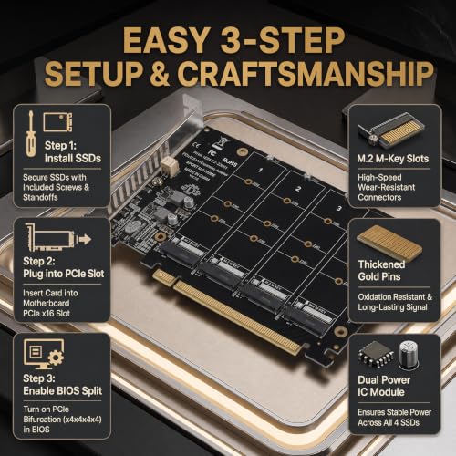 M.2 PCIe Adapter, 4 Port M.2 NVMe SSD to PCIE X16 M Key Hard Drive Converter Reader Expansion Card