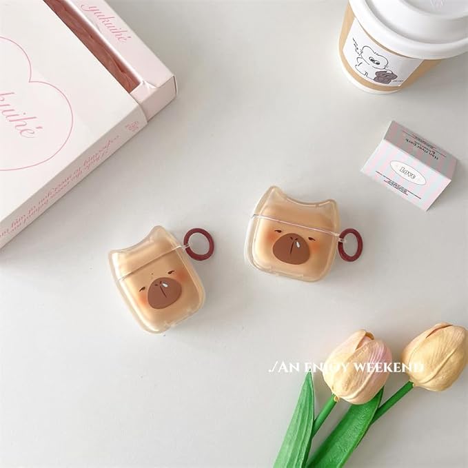 Transparent Clear Earphone Case for AirPods 4, Cute Lovely Cat Face Soft TPU Silicone Case, Kitty Ear AirPods 4 Cover Protective Skin Shockproof Protector for iPod Earbuds -Capybara