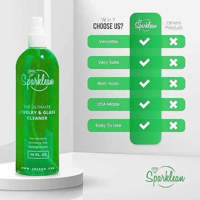 SPARKLEAN Jewelry & Glass Cleaner Spray (2 Oz) - Biodegradable, Ammonia-Free Solution for Gold, Silver & Diamond Rings - Safe for All Metals & Gemstones - Eco-Friendly - Travel Size