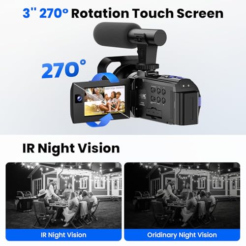 5K Camcorder Video Camera, Night Vision, Dual Lens, 3" Touchscreen