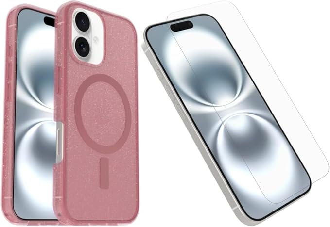 OtterBox iPhone 16 (Only) - Bundle: Symmetry+ Clear Series Case - Thimbleberry (Pink) - Premium Glass Screen Protector - Snaps to MagSafe - Ultra-Sleek - Raised Edges Protect Camera & Screen
