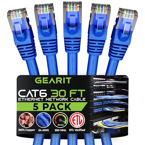 GEARit Cat6 Patch Cables Cat 6 Ethernet Cable 30 ft 5-Pack Blue