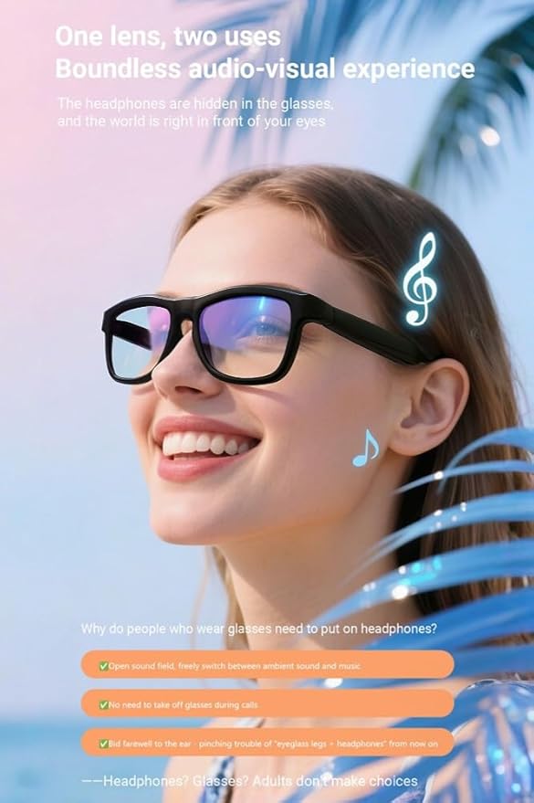 AI Translator Glasses - 2025 Smart Glasses with Slidable Color-Changing Lenses, Hands-Free Open-Ear Audio, Voice Assistant & UV Protection-Blue Lenses