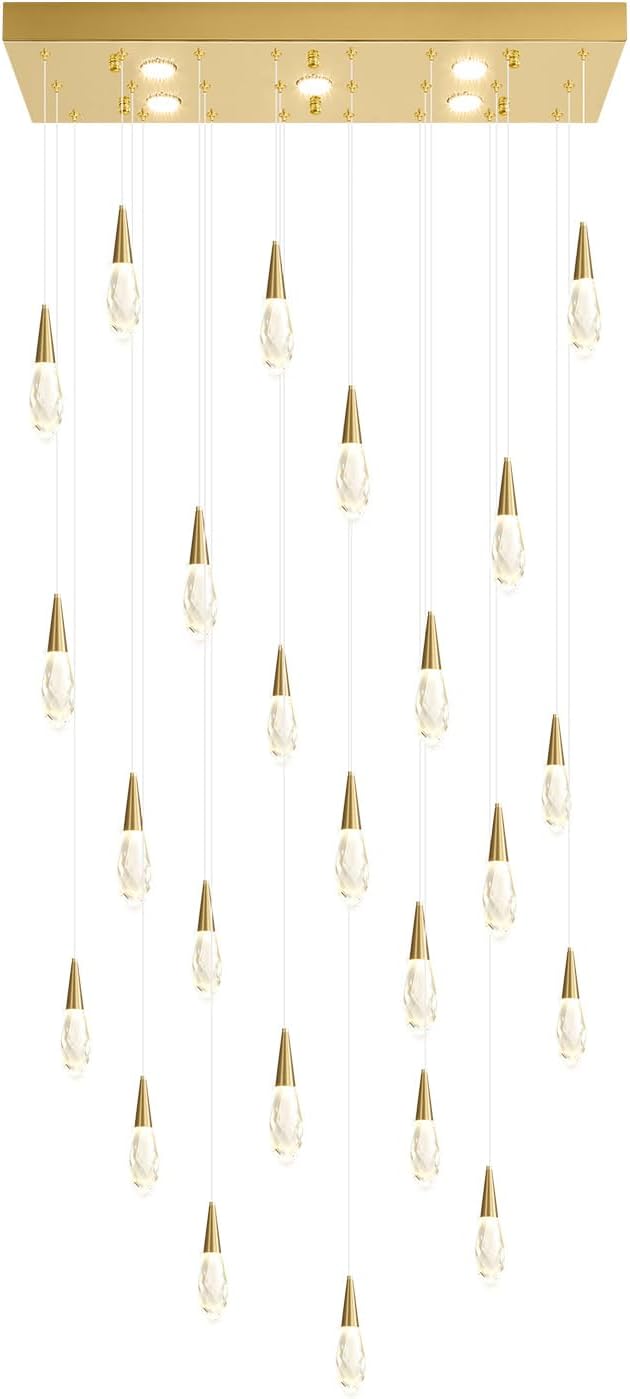 Rectangular Chandelier 24-Lights LED Dimmable Raindrop Chandeliers for High Ceiling Large Chandelier Light Fixture Gold High Ceiling Pendant Lights for Villa Living Room Staircase