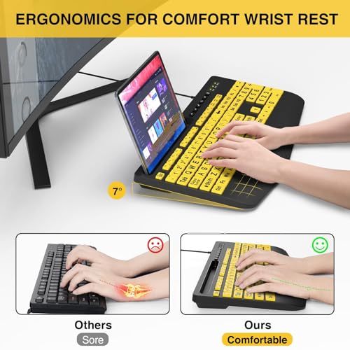 SABLUTE Large Print Keyboard Wired Computer Keyboards with Wrist Rest, Phone Holder, Big Letters Easy to Read Compatible Windows, Desktop, Laptop, Yellow