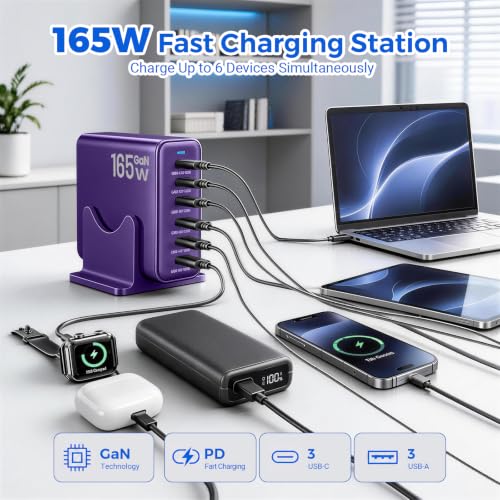 165W GaN Charger Station,6 Port USB C Desktop Fast Charger, Purple