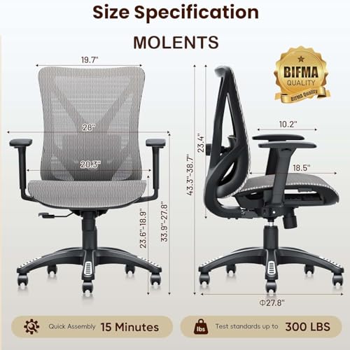 Ergonomic Office Chair, Mesh Computer Desk Chairs with BIFMA X5.1 Certified, Adjustable Lumbar Support, 3D Arm, Tilt Back, Wide Seat, Comfy Swivel Work Task Chair for Company and Home (Dawn Grey) - Image 4