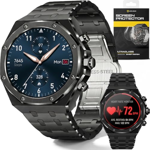 ALPHAGEAR Chief Smartwatch for Men, Premium Hex Bezel Metal Smart Watch, 1.43" AMOLED Display, 14-Day Battery, Bluetooth Calling, Stainless Steel, Water Resistant, for Android iPhone (Dark Gray)