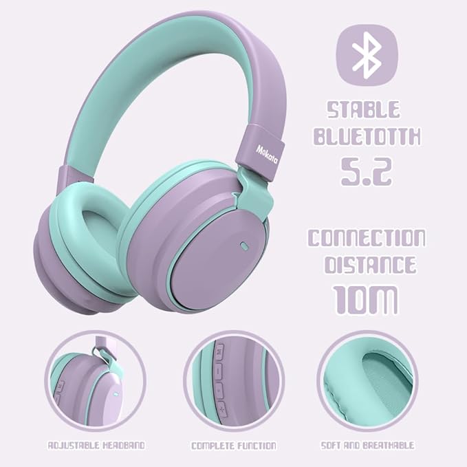 Kids Headphones Bluetooth 5.3 Wireless Lightweight Fast Charging 68 Hours Play Time Volume Limited 85/94dB Over Ear Foldable with Built-in Mic for Toddler Tablet Pad Light Purple