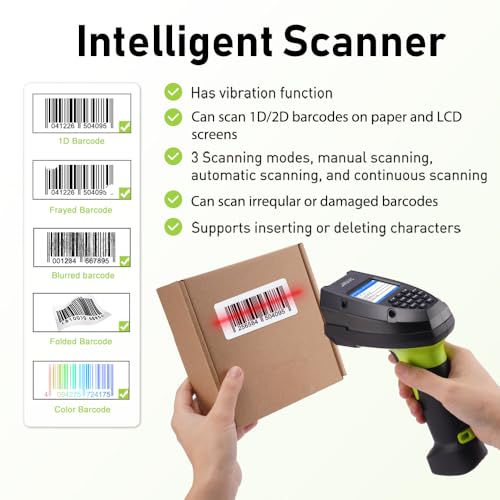 2D Wireless Barcode Scanner, Portable Inventory Scanner & Data Collector with 2.0 Inch LCD Screen and 2.4G Wireless Dongle Built in Stand for Warehouse, Express, Library,Pharmacy,Supermarket