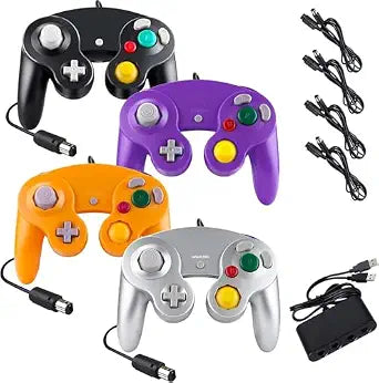 Burcica 4PCS Controllers for Gamecube, with 4 Extension Cables and 4-Port USB Adapter for Switch PC Wii U Console