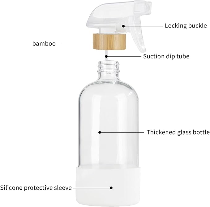 HOMBYS Empty Bamboo Glass Spray Bottles with Silicone Sleeve Protection - Refillable 17 oz Clear Glass Containers for Cleaning Solutions, Essential Oils, Misting Plants - Quality Sprayer - 1 PCS