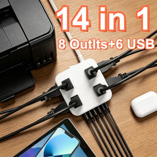 Power Strip with Surge Protector, 3 Side, 8 AC 6 USB Ports Flat Plug Switch