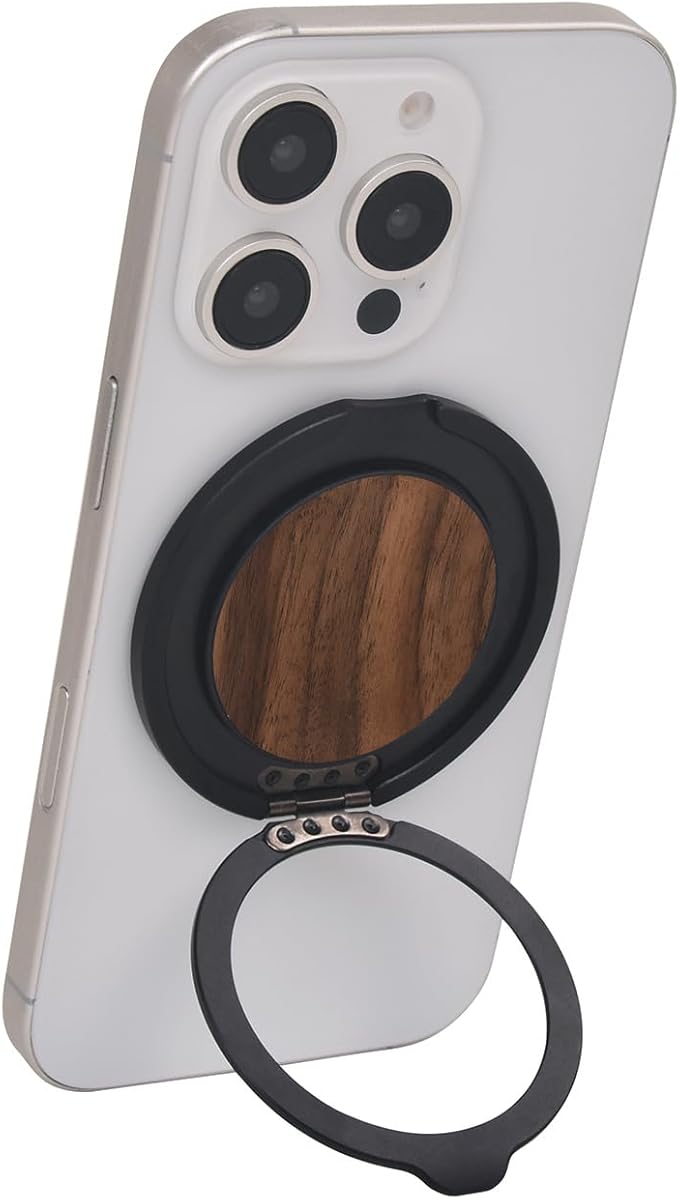 Cell Phone Ring Holder, Phone Grip, Magnetic Phone Ring Stand，Ultra Thin Phone Kickstand with Finger Loop Strap, Phone Ring Holder for Mag-Safe iPhone 16/15/14/13/12 Series (Walnut Wood)